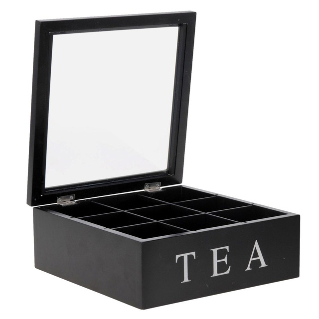 Fából készült teásdoboz TEA, 9 rekesszel, fekete