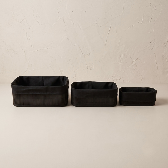 3 darab bambusz kosár textilbéléssel, 30 x 20 x 13 cm, barna