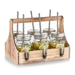 Üvegitalos doboz + 6 db szívószálas üveg, fa, ZELLER