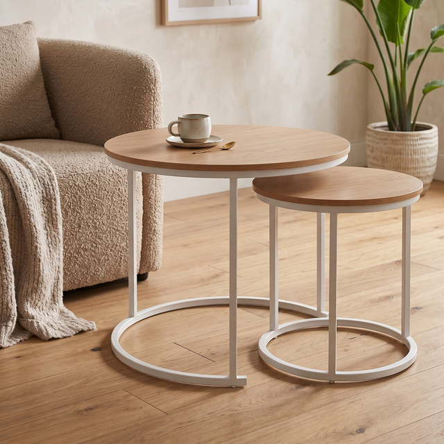 2 db kerek dohányzóasztal garnitúra, Ø 60 cm × 50 cm, fehér és barna