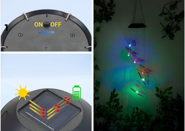 Napelemes függő lámpa, LED pillangók, szélcsengő, 78 cm