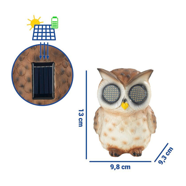 Napelemes kerti figura, LED villogó szemű bagoly, 13 cm