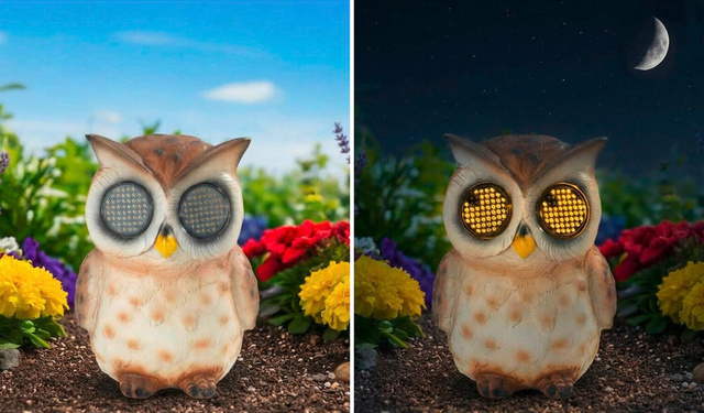 Napelemes kerti figura, LED villogó szemű bagoly, 13 cm