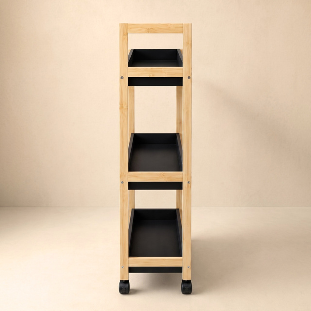 Bambusz polc kerekeken, 38 x 20 x 79 cm, fekete