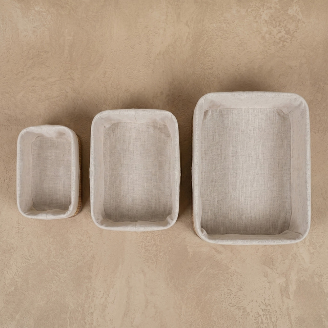 3 darab bambusz kosár textilbéléssel, 30 x 20 x 13 cm, barna