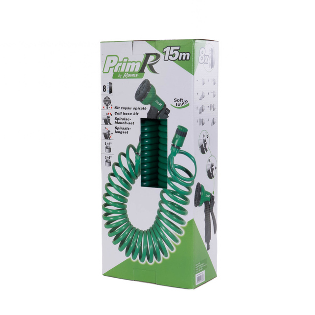 PrimoLand RIBIMEX 3/4 spirális kerti tömlő pisztollyal, 15 m