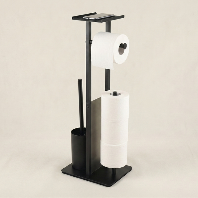 WC-papírtartó és WC-kefe állvány telefonállvánnyal HYLLA, 65 cm, fekete