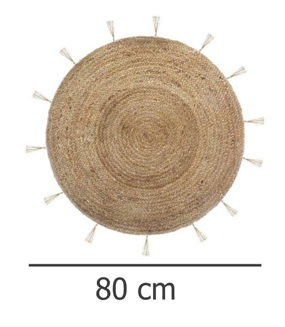 Juta dekoratív szőnyeg, Ø 80 cm, kerek, bojtokkal.