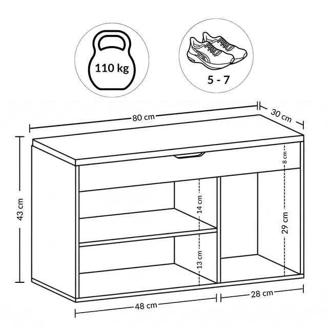 TRIA cipőtartó ülőkével, 80 x 30 x 43 cm, fehér