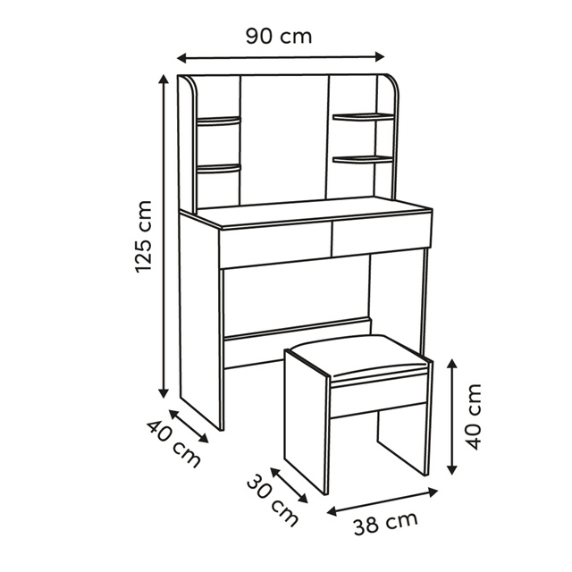 Fehér sminkasztal tükörrel és puffal DOLO, 125 cm