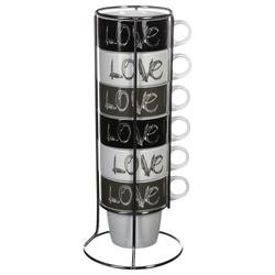 6 darab porcelán bögre állványon, kávés bögre, bögre készlet, porcelán bögre állványon